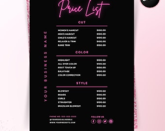 Price List Template, Editable Beauty Salon Pricing Template Design, DIY Printable Hair Stylist Wig Braids Nail Lash Makeup Canva Template