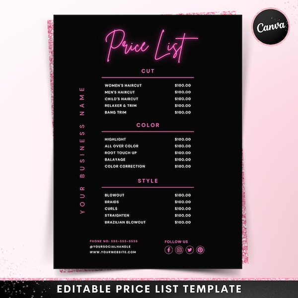 Preisliste Vorlage, bearbeitbarer Schönheitssalon Preisgestaltung Template-Design, DIY druckbare Friseur Perücke Zöpfe Nagel Lash Make-up Canva Vorlage
