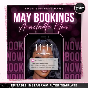 May Bookings Now Available Flyer, DIY Spring Book Now Appointments Beauty Hair Lashes Wigs Make Up Nails Social Media Canva Flyer Template