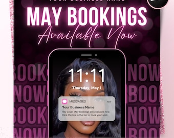 May Bookings Now Available Flyer, DIY Spring Book Now Appointments Beauty Hair Lashes Wigs Make Up Nails Social Media Canva Flyer Template