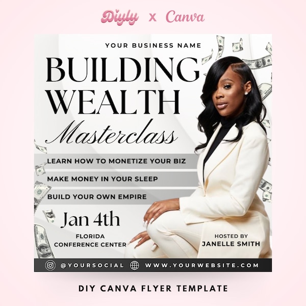 Wealth Masterclass Flyer, DIY Flyer Template Design, Wealth Building Flyer, Hair Lash Makeup Beauty Class Flyer Premade Business Canva Flyer