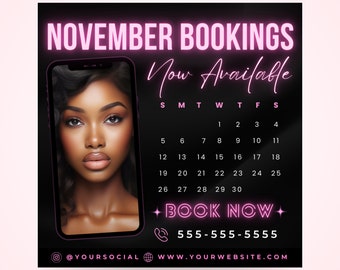 November Bookings Now Available Flyer, DIY Fall Book Now Appointments Beauty Hair Lashes Wigs Makeup MUA Nails Social Media Canva Template