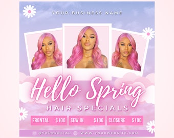 DIY Spring Hair Special Flyer, DIY Editable Canva Template, Hello Spring Break Sale Wig Install Locs Braids MUA Instagram Social Media Flyer