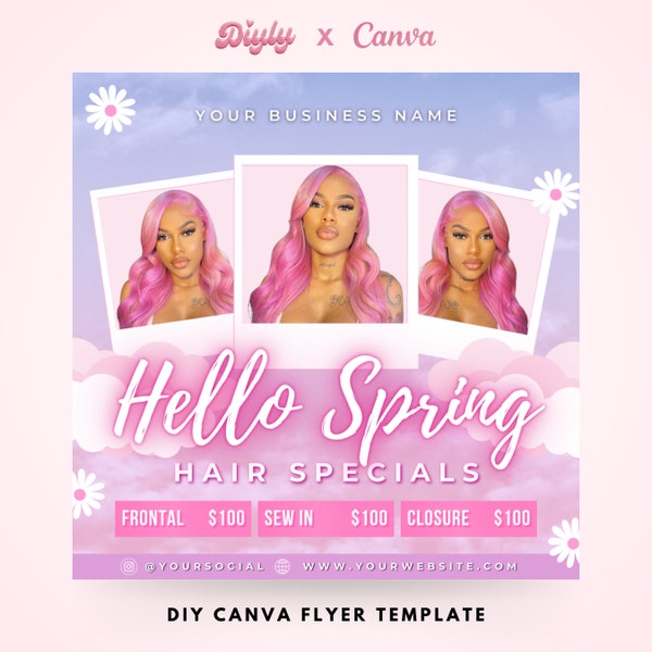 Flyer spécial cheveux de printemps à faire soi-même, modèle sur toile modifiable à faire soi-même, vente de perruques Hello Spring Break, installation de tresses de cheveux MUA Instagram médias sociaux