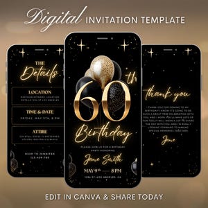 Digital inbjudningsvideomall för 60-årsfest, redigerbar inbjudan i svart och guld, animerad Canvas-motiv för kvinnors födelsedag