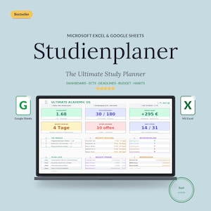 Könnte beinhalten: Ein Laptop-Bildschirm mit einer Studienplaner-Oberfläche. Der Bildschirm zeigt Daten in verschiedenen farbigen Feldern, einschließlich Zahlen und Text. Der Planer ist für Microsoft Excel und Google Sheets konzipiert. Das Bild enthält auch den Text "Bestseller".