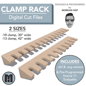 May include: Digital cut files for a clamp rack, available in two sizes: 30 inches wide for 10 clamps and 42 inches wide for 13 clamps. The design includes dxf and svg vectors, as well as pre-programmed toolpaths for Vcarve 11.