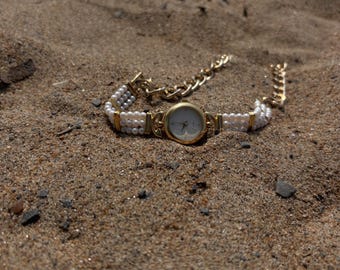 Handmade Gold/Pearl Watch Choker Necklace, Timeless Jewerly, Unique Gift, Vintage Watch Necklace,