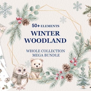 May include: A digital graphic collection titled 50+ ELEMENTS WINTER WOODLAND WHOLE COLLECTION MEGA BUNDLE featuring watercolor illustrations of a bear, owl, deer, pine branches, pinecones, berries, snowflakes, and gift boxes in a frame.