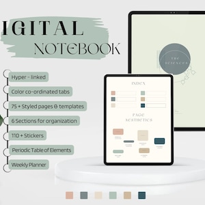 Może przedstawiać: Cyfrowy notes z zielono-białą okładką. Notes ma tytuł "The Sciences". Notes jest otwarty na stronie z indeksem i stronie z próbkami kolorów. Notes znajduje się na białym cokole z zielonym liściem w tle.