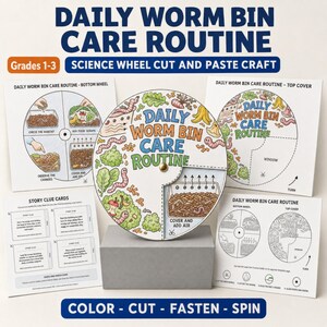 May include: A science wheel cut and paste craft titled Daily Worm Bin Care Routine. The set includes printed activity sheets with instructions, story clue cards, and a circular wheel featuring colorful illustrations of worms and food scraps.