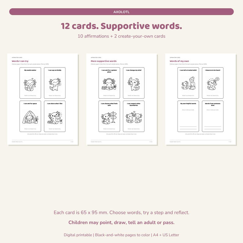 Axolotl Positive Affirmation Cards for Kids, Printable Pocket Craft and ...