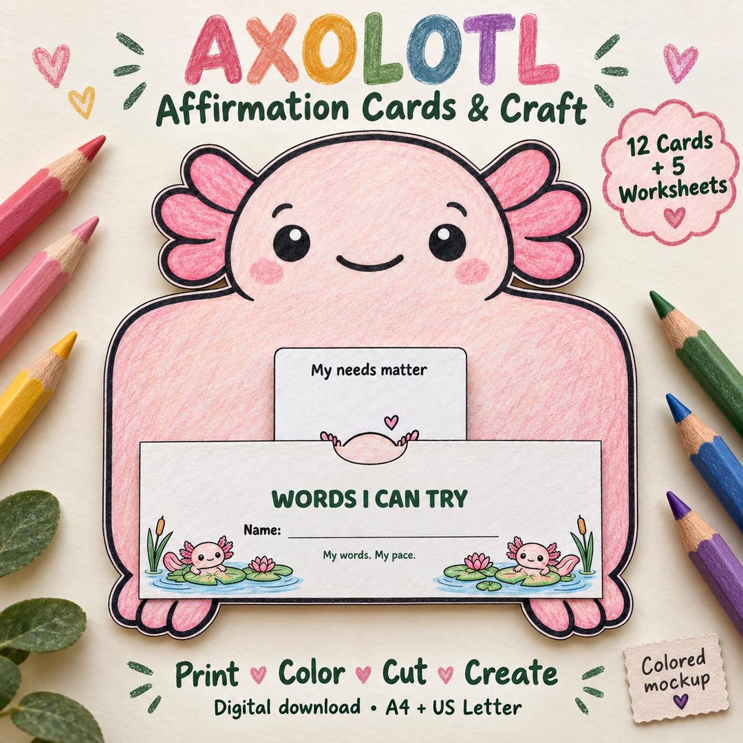 Axolotl Positive Affirmation Cards for Kids, Printable Pocket Craft and ...