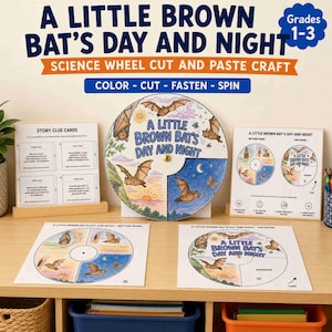 以下が含まれることがあります： グレード1-3向けの「A Little Brown Bat's Day and Night」と題された、切り貼りして作る科学のホイール工作キット。円形のインタラクティブなホイール、ストーリーの手がかりカード、図とテキストが記載された2枚の指示シートが含まれています。