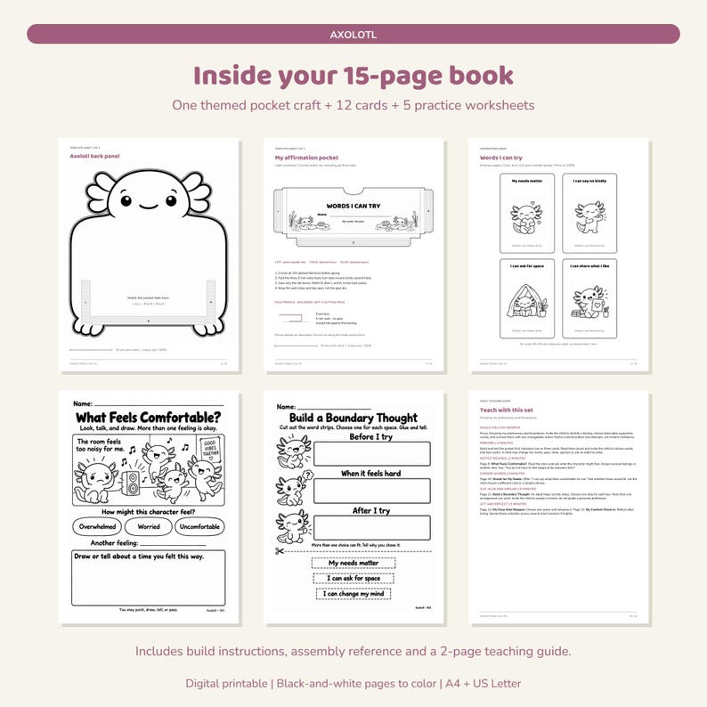 Axolotl Positive Affirmation Cards for Kids, Printable Pocket Craft and ...