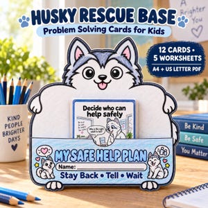 Può includere: Un set Husky Rescue Base con 12 carte per la risoluzione di problemi e 5 schede in formato PDF A4 e US Letter. Il supporto ha la forma di un husky e include il testo My Safe Help Plan, Stay Back, Tell e Wait.