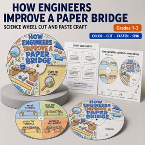 May include: A science wheel cut and paste craft titled How Engineers Improve a Paper Bridge for grades 1-3. The set includes circular paper wheels with illustrations of bridge testing, story clue cards, and instructions for color, cut, fasten, and spin.
