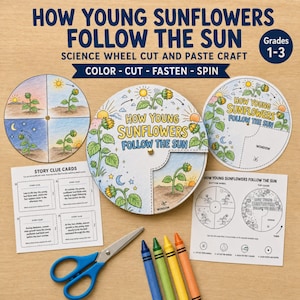 Może przedstawiać: Zestaw do prac naukowych zatytułowany How Young Sunflowers Follow The Sun dla klas 1-3. Zawiera drukowane szablony papierowe, karty z podpowiedziami, cztery kredki oraz nożyczki z niebieską rączką do celów edukacyjnych.
