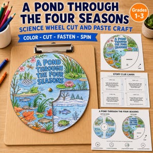 May include: A science wheel cut and paste craft titled A POND THROUGH THE FOUR SEASONS. The kit includes a circular wheel with colored illustrations of pond life across four seasons, story clue cards, and instruction sheets for assembly.