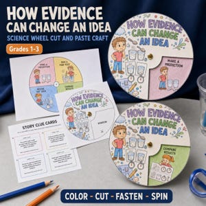 May include: A science wheel cut and paste craft titled How Evidence Can Change An Idea for grades 1-3. The set includes printed paper sheets with illustrations of children, science experiments, story clue cards, and assembled circular wheels.