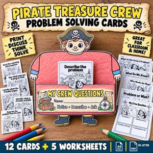 Könnte beinhalten: Ein Pirate Treasure Crew Problemlösungs-Set mit einer zentralen Charakter-Figur und einer Tasche mit der Aufschrift My Crew Questions, umgeben von 12 Aufgabenkarten und 5 Arbeitsblättern mit Piratenillustrationen sowie roten, blauen und grünen Stiften.