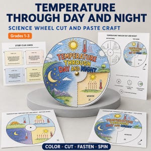 May include: A science wheel cut and paste craft titled Temperature Through Day and Night. The set includes printed activity sheets with story clue cards, a bottom wheel, and a top cover featuring illustrations of the sun, moon, and thermometers.