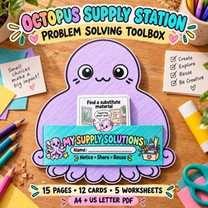 Może przedstawiać: Fioletowy organizer papierowy w kształcie ośmiornicy z napisem Octopus Supply Station Problem Solving Toolbox. Posiada turkusową kieszeń z tytułem My Supply Solutions, linię na imię, 15 stron, 12 kart, 5 arkuszy roboczych oraz tekst A4 plus US Letter PDF.