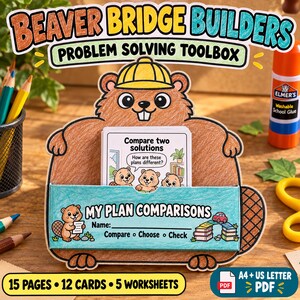 May include: A Beaver Bridge Builders problem solving toolbox activity set featuring a brown beaver wearing a yellow hard hat. The display holds a card with the text Compare two solutions and a worksheet titled My Plan Comparisons with a beaver graphic.