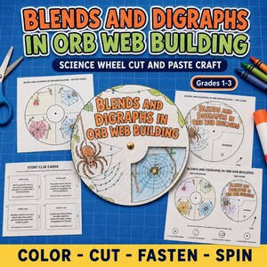 May include: A science wheel cut and paste craft titled Blends and Digraphs in Orb Web Building. The set includes printed activity sheets, a circular wheel with a spider illustration, story clue cards, scissors, and coloured markers.