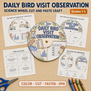 May include: A Daily Bird Visit Observation science wheel cut and paste craft kit for grades 1-3. Includes printed activity sheets with illustrations of children observing birds, an hourglass, charts, and a circular wheel with a central metal fastener.