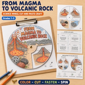 May include: A science wheel cut and paste craft titled From Magma to Volcanic Rock, featuring a circular diagram with illustrations of volcanic activity, story clue cards, and assembly instructions for grades 1-3 on a clipboard with pencils.