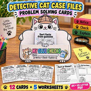 以下が含まれることがあります： 探偵猫のケースファイル問題解決カードセット。探偵帽をかぶった白い猫型のカードホルダーが特徴です。セットには「Sort facts from guesses」、「My Clue Checks」というテキストが書かれたカードや、猫のイラストが描かれたワークシートが含まれています。
