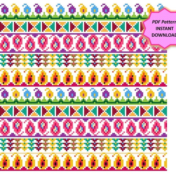 Sampler Borders Designs, Bold, Bright & Colourful *Cross Stitch Pattern, PDF Pattern, Instant Download*