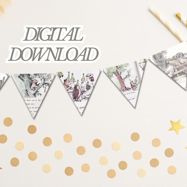 DESCARGA DIGITAL: Guirnalda para fiesta de osito - Guirnalda de cumpleaños de Maurice Sendak - Banderines decorativos para fiesta con el clásico libro de osito vintage