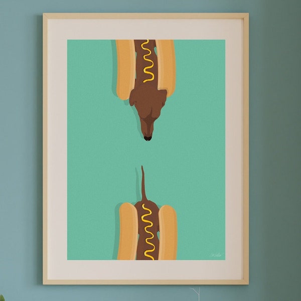 Hot Dog Walking | Digital Illustration | Sausage Dog | Print | Dachshund | Wall Art