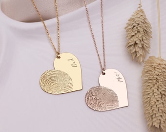 Engraved Fingerprint Heart Necklace, Actual Fingerprint Necklace, Custom Heart Necklace, Handwriting Jewelry, Handmade Jewelry, Minimalist