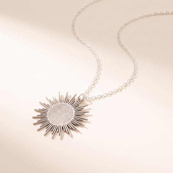Sterling Silver Sunburst Fingerprint Pendant Necklace, Memorial Jewelry (14K Gold Plated Option)