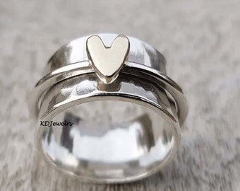 Heart Spinner Ring, 925 Sterling Silver Ring  ,Handmade Jewelry, Wide Ring, Fidget Ring, Meditation Ring, Spin Ring, Gift For Friendship