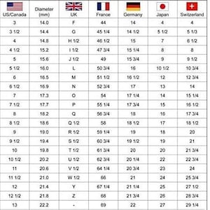 May include: Ring size conversion chart with measurements in millimeters, UK, France, Germany, Japan, and Switzerland. Includes US/Canada sizes from 3 to 13, with corresponding international equivalents for accurate ring sizing.