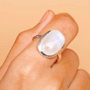 Rainbow Moonstone Ring, 925 Sterling Silver Rings for Women, Boho Simple Ring with Big Stone, Birthstone Gemstone Ring Jewelry, Gift For Her