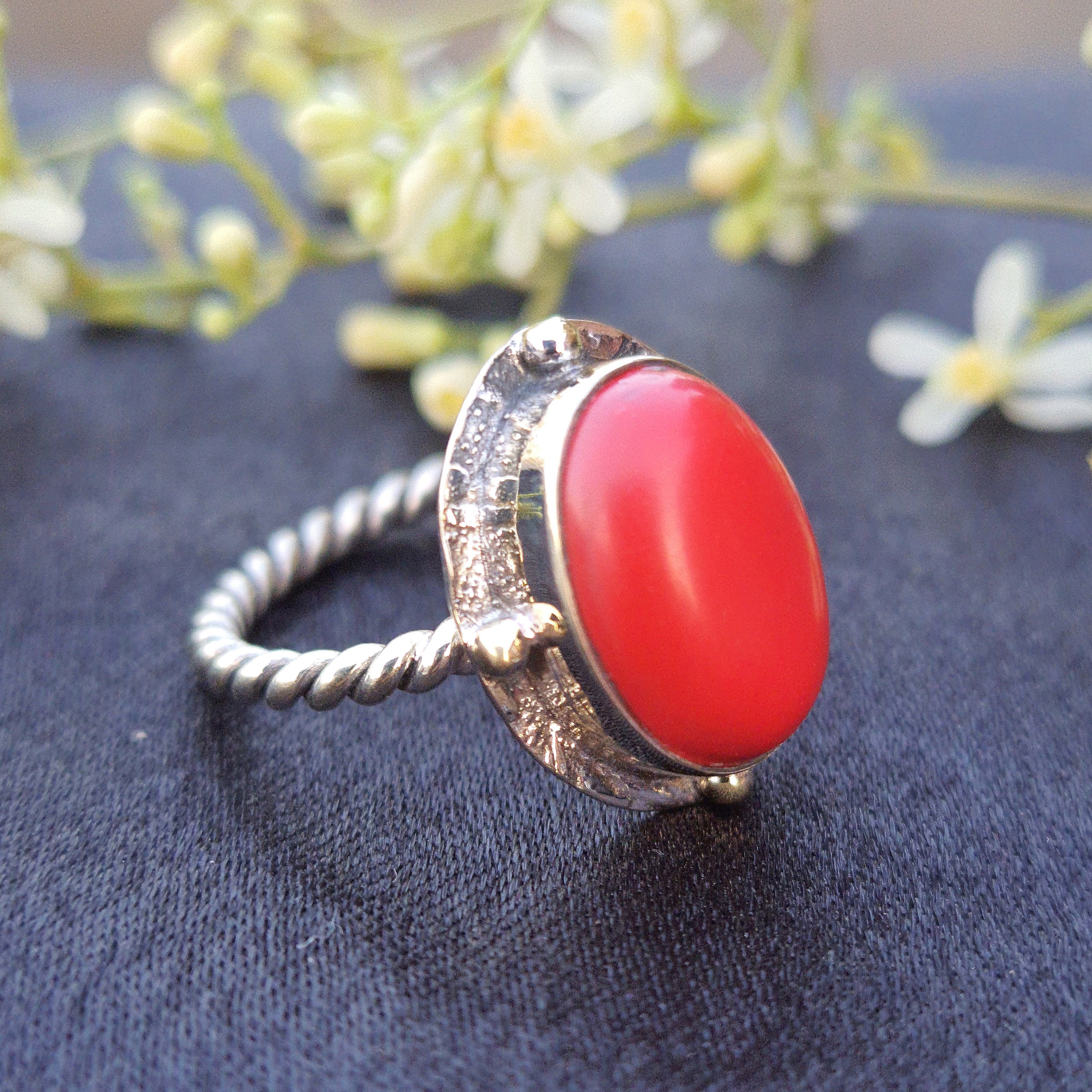 The Triumphant Halo Red Coral Ring