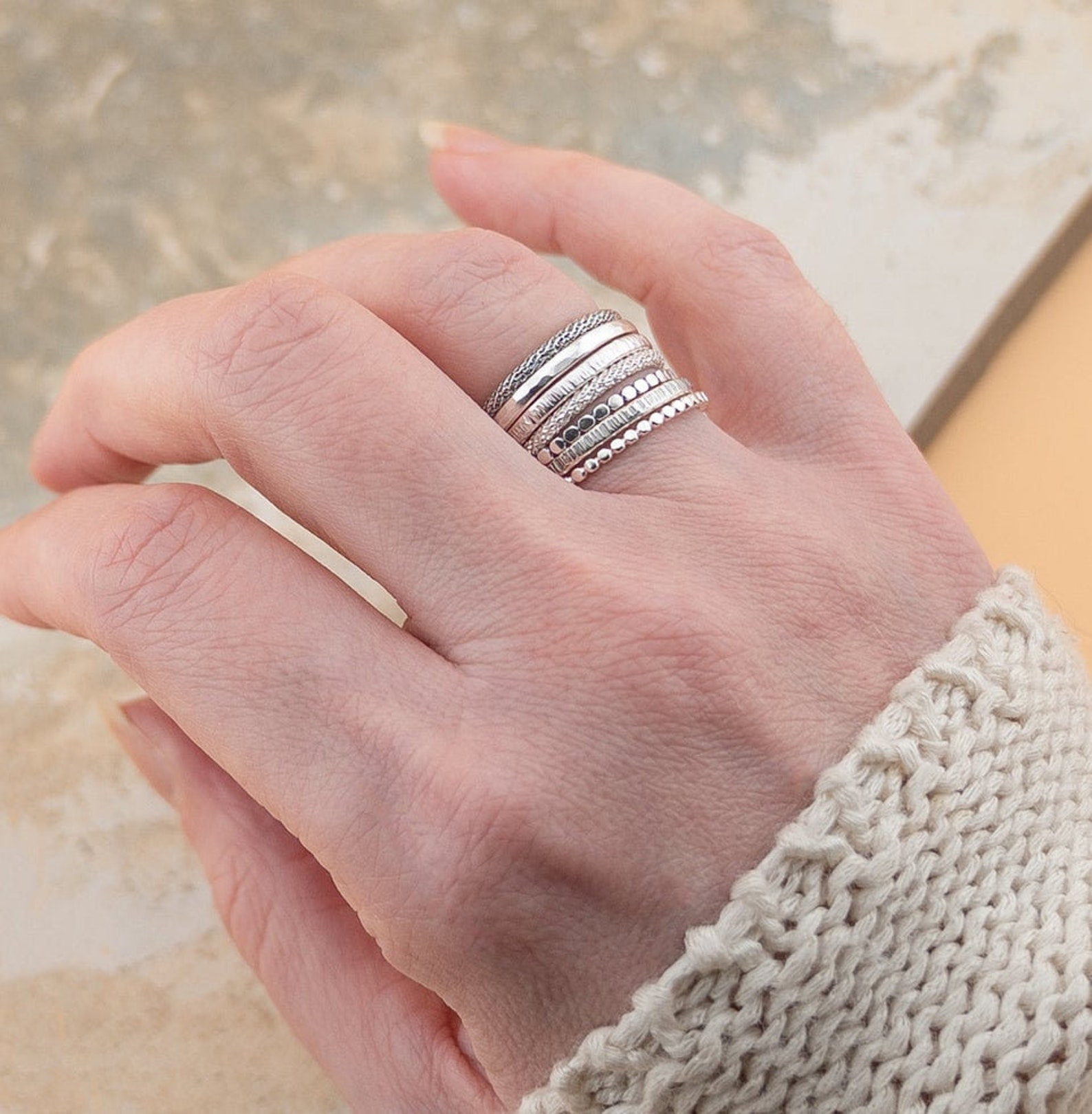 Set of 7 Sterling Silver Stacking Rings, Thin & Thick Rings, Hammered ...