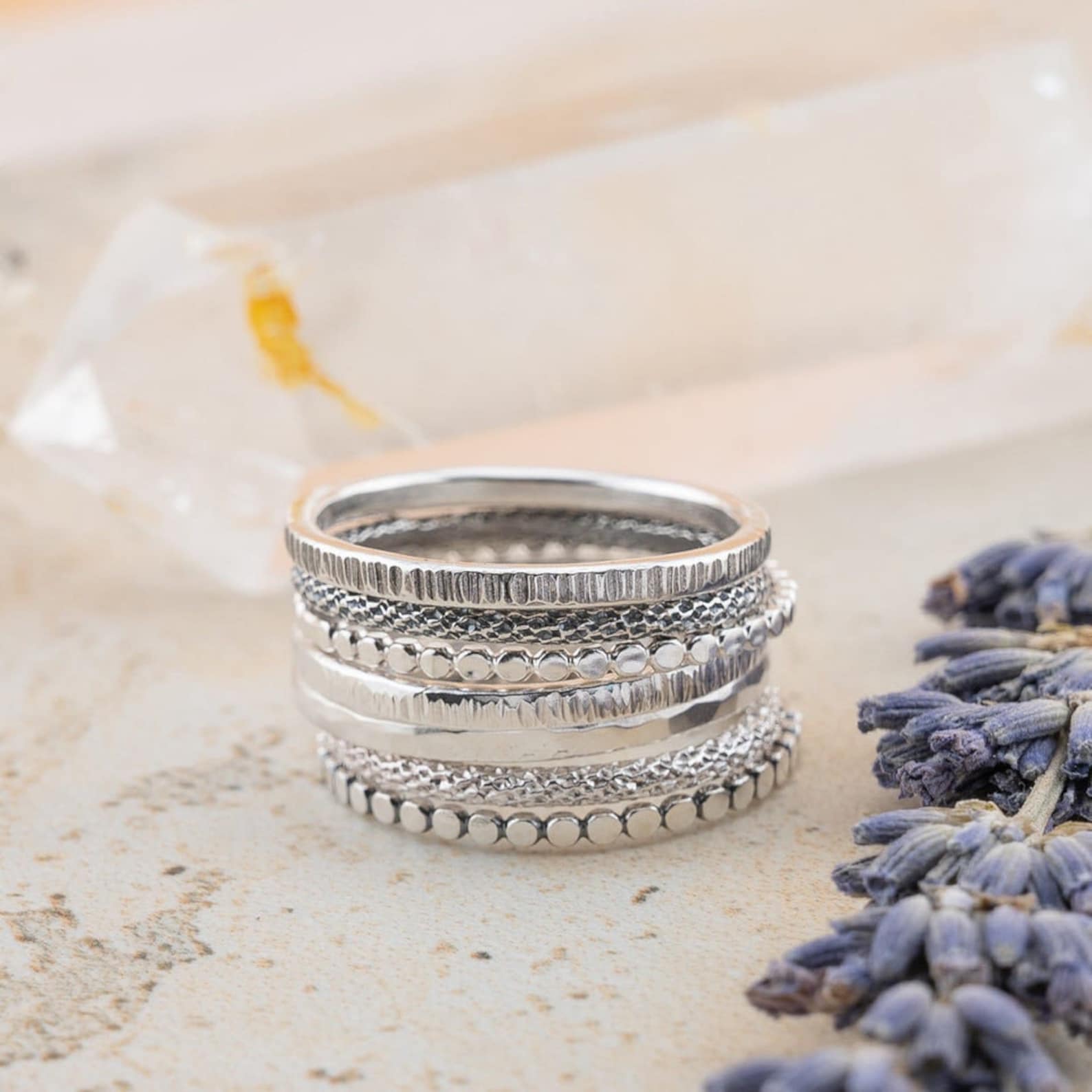 Set of 7 Sterling Silver Stacking Rings, Thin & Thick Rings, Hammered ...