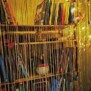 May include: A wooden bookshelf filled with books of various colors and sizes. The shelves are adorned with a beaded curtain, and the background is illuminated with warm lighting, creating a cozy atmosphere. A small potted plant sits on one of the shelves.