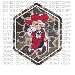 May include: A cartoon image of a man in a red suit and hat, holding a cane and a telephone receiver. The image is set within a brown and white camouflage pattern, inside a white-bordered hexagon. The words "DO NOT COPY" are repeated around the image.