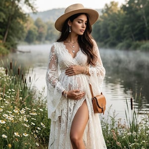 Puede incluir: Un vestido de maternidad de encaje blanco de manga larga con escote en V y una abertura alta en la parte delantera. El vestido se combina con un sombrero de paja color canela, un bolso bandolera de cuero marrón, collares dorados y pulseras.