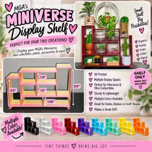 May include: A 3D printed display shelf with multiple compartments for mini collectibles. The shelf features a stepped design with labeled dimensions of 3.5 inches, 1.5 inches, and 1.25 inches. It is available in various solid colors including black, white, pink, red, purple, blue, teal, yellow, and orange.