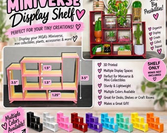 May include: A 3D printed display shelf with multiple compartments for mini collectibles. The shelf features a stepped design with labeled dimensions of 3.5 inches, 1.5 inches, and 1.25 inches. It is available in various solid colors including black, white, pink, red, purple, blue, teal, yellow, and orange.