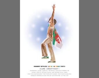May include: A digital illustration of a person performing on stage, wearing a white tank top, beige pants, and a red, white, and green flag draped over their shoulders. The background is a light blue with white dots. The text "HARRY STYLES LOVE ON TOUR 2023 20 JUNE - CARDIFF NIGHT I" is at the bottom of the image.