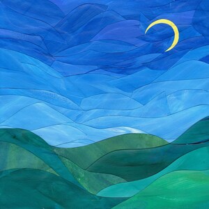 Crescent Moon Paper Collage Print and Canvas Print, Sunset hills and crescent moon, moonset nursery